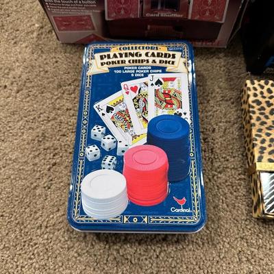 POKER CHIPS IN A RACK, NEW CHICO CARDS, CARD SHUFFLER & POKER IN A TIN