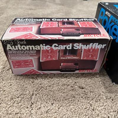 POKER CHIPS IN A RACK, NEW CHICO CARDS, CARD SHUFFLER & POKER IN A TIN