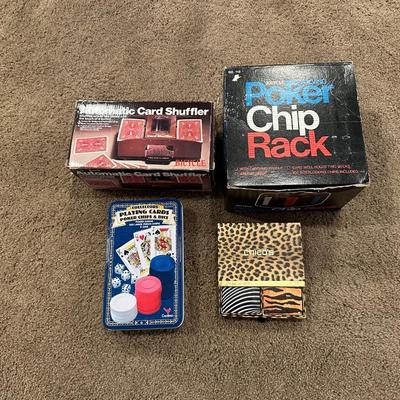 POKER CHIPS IN A RACK, NEW CHICO CARDS, CARD SHUFFLER & POKER IN A TIN
