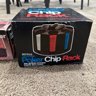 POKER CHIPS IN A RACK, NEW CHICO CARDS, CARD SHUFFLER & POKER IN A TIN