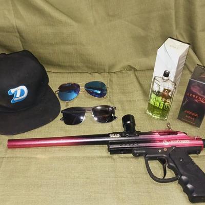 PAINTBALL GUN, COLOGNE, SUNGLASSES AND CAP