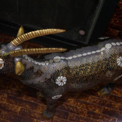 PAIR OF JAPANESE CLOISSONE' BRASS HORNED GOATS FIGURINES OF 2FT IN HEIGHT.