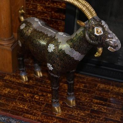 PAIR OF JAPANESE CLOISSONE' BRASS HORNED GOATS FIGURINES OF 2FT IN HEIGHT.