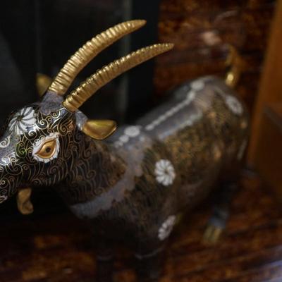 PAIR OF JAPANESE CLOISSONE' BRASS HORNED GOATS FIGURINES OF 2FT IN HEIGHT.