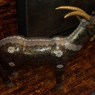 PAIR OF JAPANESE CLOISSONE' BRASS HORNED GOATS FIGURINES OF 2FT IN HEIGHT.