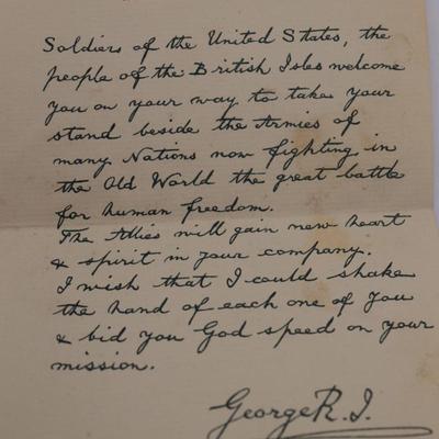 King George V Letter - Thanking U.S. Soldiers in 1918