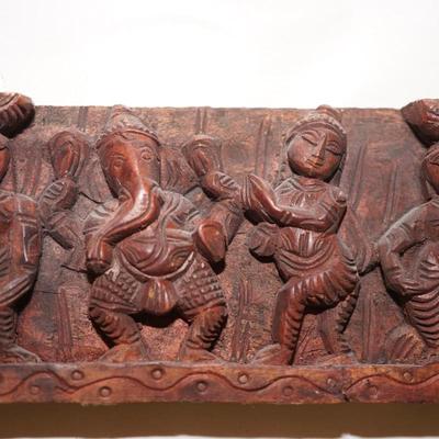 SOUTH INDIA GANESHA CARVED WOOD PANEL