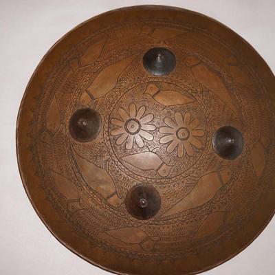 ANTIQUE POSSIBLE AFRICAN SHIELD COPPER ENGRAVED DISH OF BIRDS AND FOLIAGE