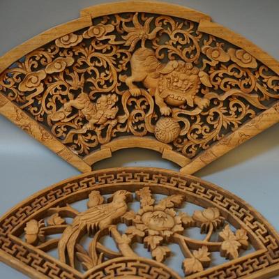 JAPANESE CARVED FAN SHAPED DECORATIVE PANELS