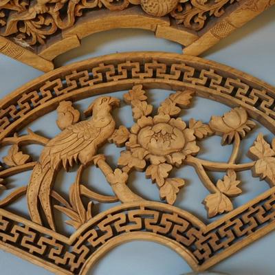 JAPANESE CARVED FAN SHAPED DECORATIVE PANELS