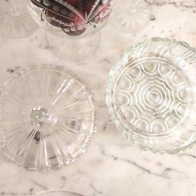 GLASS CANDY DISH WITH LID AND CANDLE HOLDERS