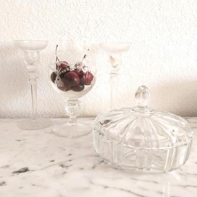 GLASS CANDY DISH WITH LID AND CANDLE HOLDERS