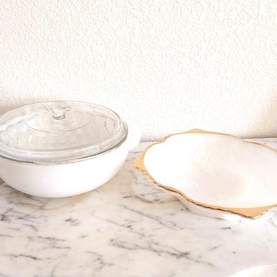PYREX BAKING DISH WITH LID AND MILKGLASS GOLD TRIMMED DISH