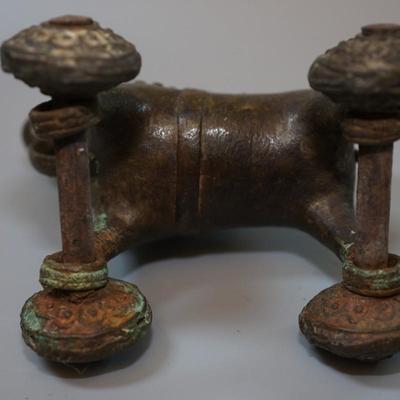 BURMESE /INDIA SOLID BRONZE ANTIQUE FIGURE ON HORSE. WITH WHEELS.
