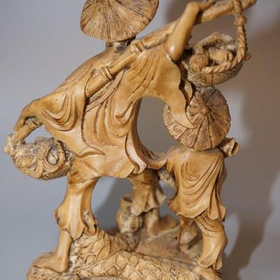 JAPANESE MAPLE CARVING OF FISHERMAN AND YOUNG BOY
