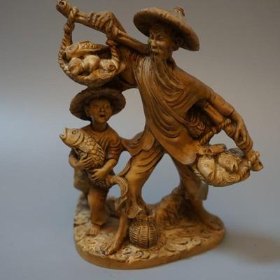 JAPANESE MAPLE CARVING OF FISHERMAN AND YOUNG BOY