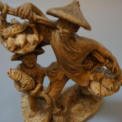 JAPANESE MAPLE CARVING OF FISHERMAN AND YOUNG BOY