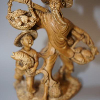 JAPANESE MAPLE CARVING OF FISHERMAN AND YOUNG BOY