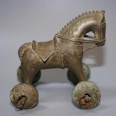VINTAGE BRONZE HORSE ON WHEELS 6"