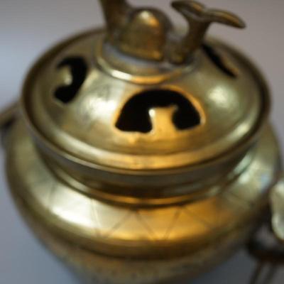 CHINESE VINTAGE BRASS CENSOR WITH DRAGON FINIAL AND ELEPHANT RING HANDLES. ENGRAVED