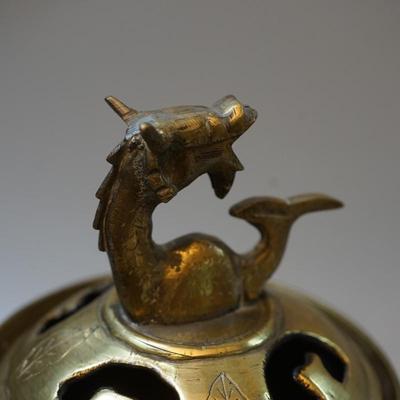 CHINESE VINTAGE BRASS CENSOR WITH DRAGON FINIAL AND ELEPHANT RING HANDLES. ENGRAVED