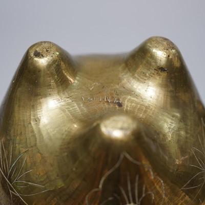 CHINESE VINTAGE BRASS CENSOR WITH DRAGON FINIAL AND ELEPHANT RING HANDLES. ENGRAVED