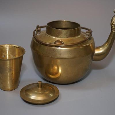 VINTAGE CHINESE BRASS TEA KETTLE / WITH LEAF HOLDING INSERT, DOUBLE RING HANDLE DRAGON SPOUT.