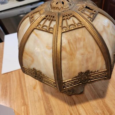 Antique Octagonal Ornate Slag Glass Table Lamp Curved Shade