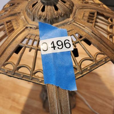 Antique Octagonal Ornate Slag Glass Table Lamp Curved Shade