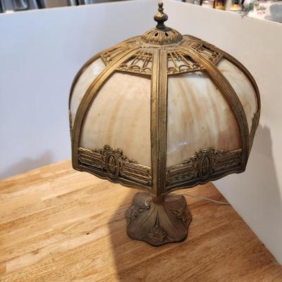Antique Octagonal Ornate Slag Glass Table Lamp Curved Shade