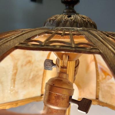 Antique Octagonal Ornate Slag Glass Table Lamp Curved Shade