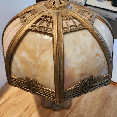 Antique Octagonal Ornate Slag Glass Table Lamp Curved Shade
