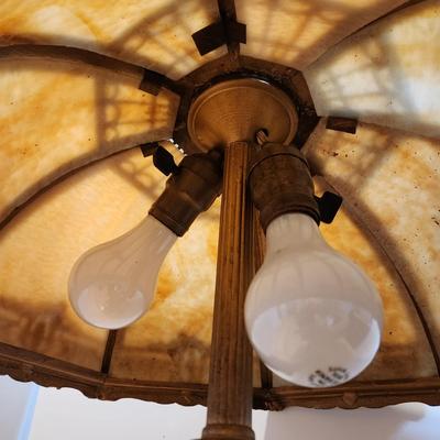 Antique Octagonal Ornate Slag Glass Table Lamp Curved Shade