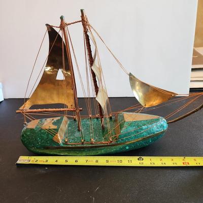 Vintage Handcrafted Sailboat Green Stone & Brass