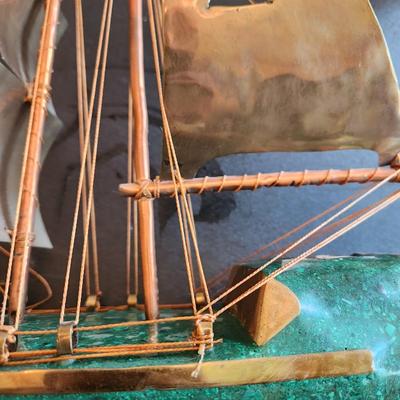 Vintage Handcrafted Sailboat Green Stone & Brass