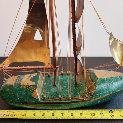 Vintage Handcrafted Sailboat Green Stone & Brass