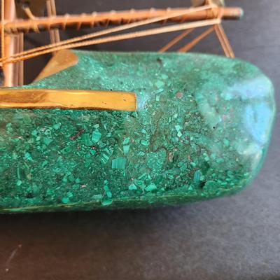 Vintage Handcrafted Sailboat Green Stone & Brass