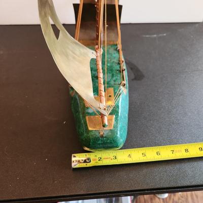 Vintage Handcrafted Sailboat Green Stone & Brass