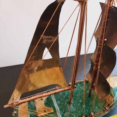 Vintage Handcrafted Sailboat Green Stone & Brass