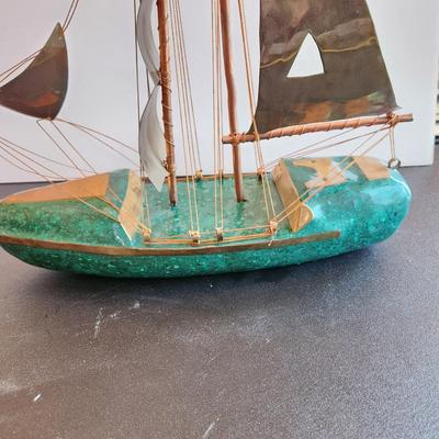 Vintage Handcrafted Sailboat Green Stone & Brass