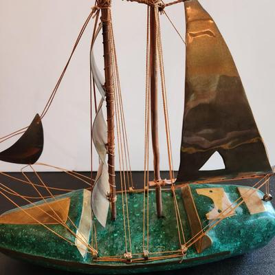 Vintage Handcrafted Sailboat Green Stone & Brass