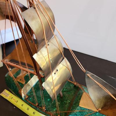 Vintage Handcrafted Sailboat Green Stone & Brass
