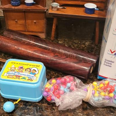 MISC ITEMS; POGS, DOLL HOUSE FURNITURE, CRAFT STICKS & MUCH MORE