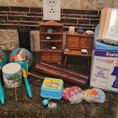 MISC ITEMS; POGS, DOLL HOUSE FURNITURE, CRAFT STICKS & MUCH MORE