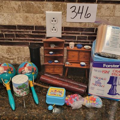 MISC ITEMS; POGS, DOLL HOUSE FURNITURE, CRAFT STICKS & MUCH MORE