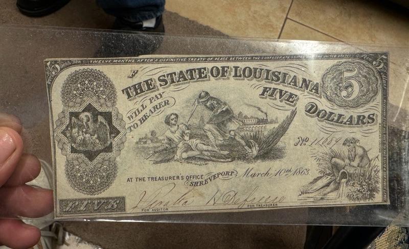 State of Louisiana V note 5$ 1862 Baton Rouge Louisiana Confederate