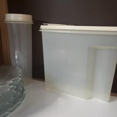 SET OF TUPPERWARE CANISTERS, GLASS DINNER PLATES AND MORE