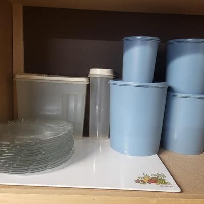 SET OF TUPPERWARE CANISTERS, GLASS DINNER PLATES AND MORE