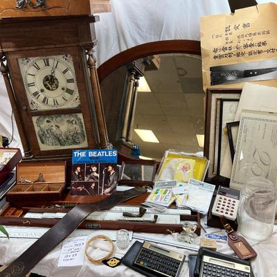 Antique clock, Hanging oval mirror, Leroy lettering machine