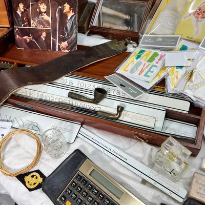 Antique clock, Hanging oval mirror, Leroy lettering machine